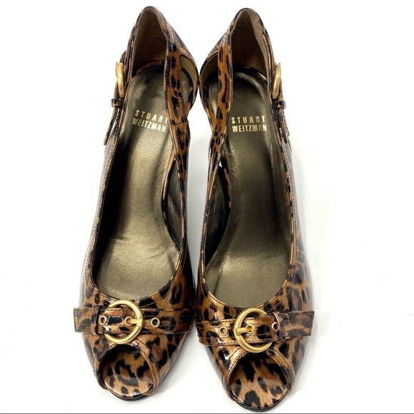 Stuart Weitzman animal print peep toe buckle heels - Picture 1 of 8